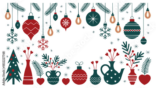Christmas ornament border with festive winter branches, vases, hearts and hanging holiday decoration elements