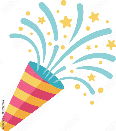 Party popper celebration icon, festive burst design, colorful confetti explosion, joyful event symbol, cheerful graphic element - flat vector illustration