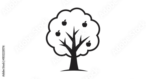 a simple black and white drawing of an apple tree with fruit a botanical silhouette