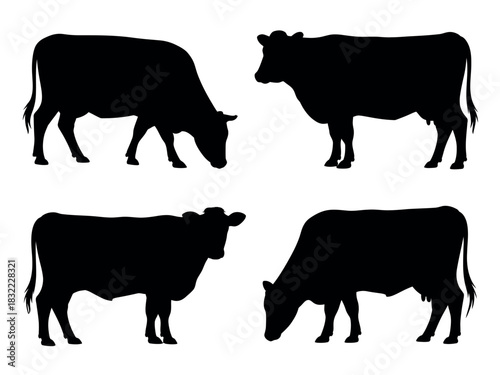 Four black cow silhouettes in various poses isolated against a white background