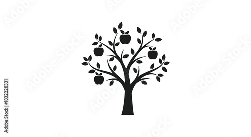 a stark black tree with apples rendered in a captivating silhouette