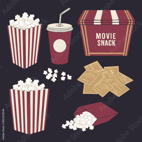 Movie night snack set with popcorn boxes drink cup tickets and cinema themed elements