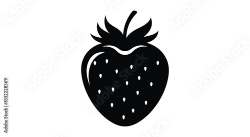 A simple black and white illustration of a strawberry fruit design a bold silhouette