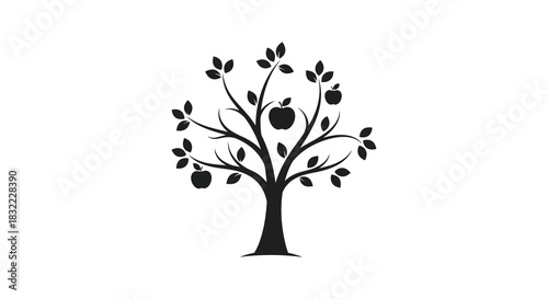 a simple black tree design with apples hanging from its branches a striking silhouette