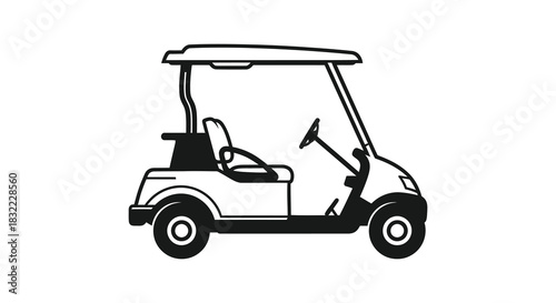 Simple black and white illustration of a golf cart side view minimalist design silhouette