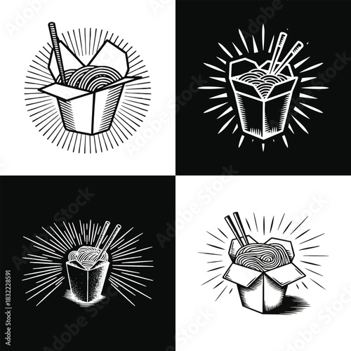 Noodle takeout box illustration set in vintage monochrome style with chopsticks and graphic sunburst elements