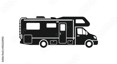 A detailed black and white illustration of a recreational vehicle traveling on the road silhouette