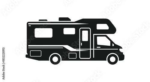 A detailed black and white illustration of a recreational vehicle for travel and adventure silhouette