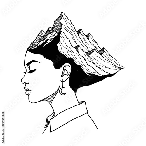 Artistic illustration of a woman with a hairstyle transforming into mountains, symbolizing creativity and nature