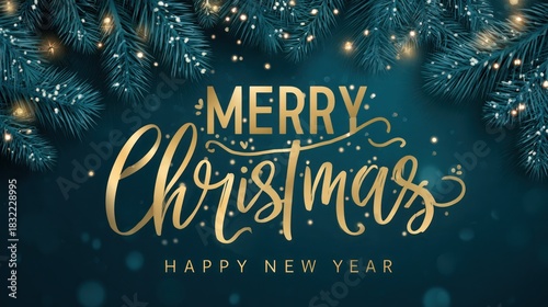 Festive merry christmas and happy new year greeting with fir branches