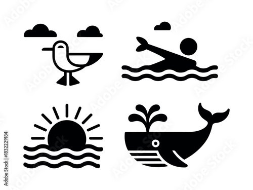 Black and white icons depicting a seagull swimmer sun and a whale on white background
