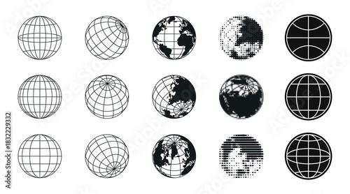 Y2k globe icons with world grid and earth map designs for retro planet symbols. Wireframe spheres with continents and pixelated patterns. Black monochrome international navigation elements set.