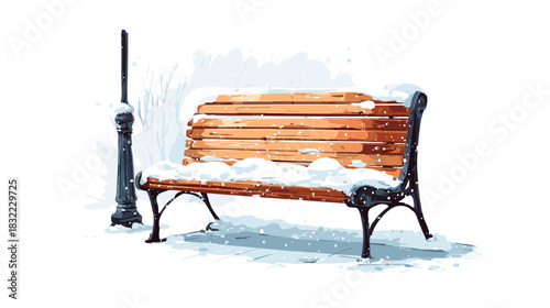 Vector illustration of a cozy street bench covered with snow isolated on a white background	

