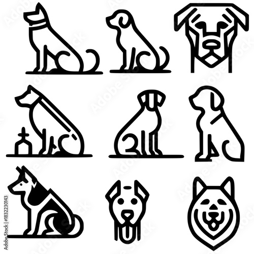 Stylish geometric designs of four-legged friends. A set of outline icons and logos of dogs of various breeds.