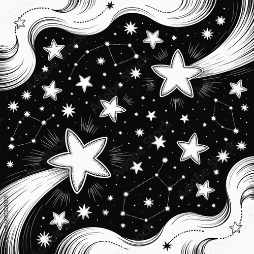 Hand drawn celestial stars with constellations and cosmic swirls