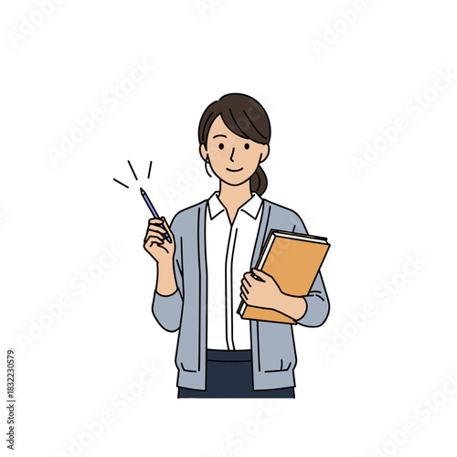 Smiling educator holding a pen and folder, conveying a positive teaching atmosphere