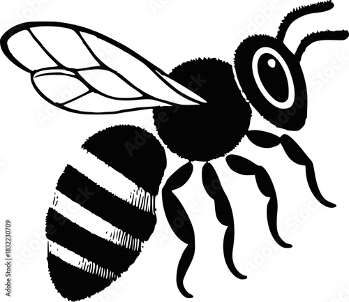 Tireless winged worker. Black and white drawing of a flying bee.