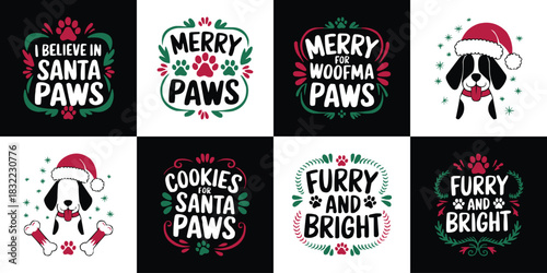 Christmas dog quote bundle with festive pet typography paw prints bones and Santa hat illustrations