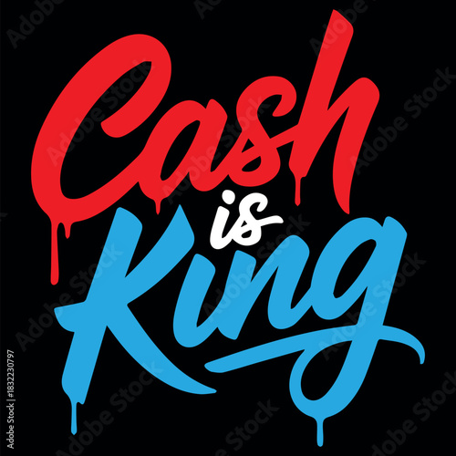 Red cash and blue king graffiti text with white is on a black background design concept art