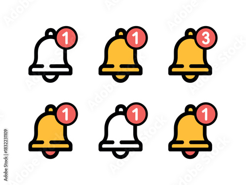 Collection of bell icons with notification badges indicating new messages received