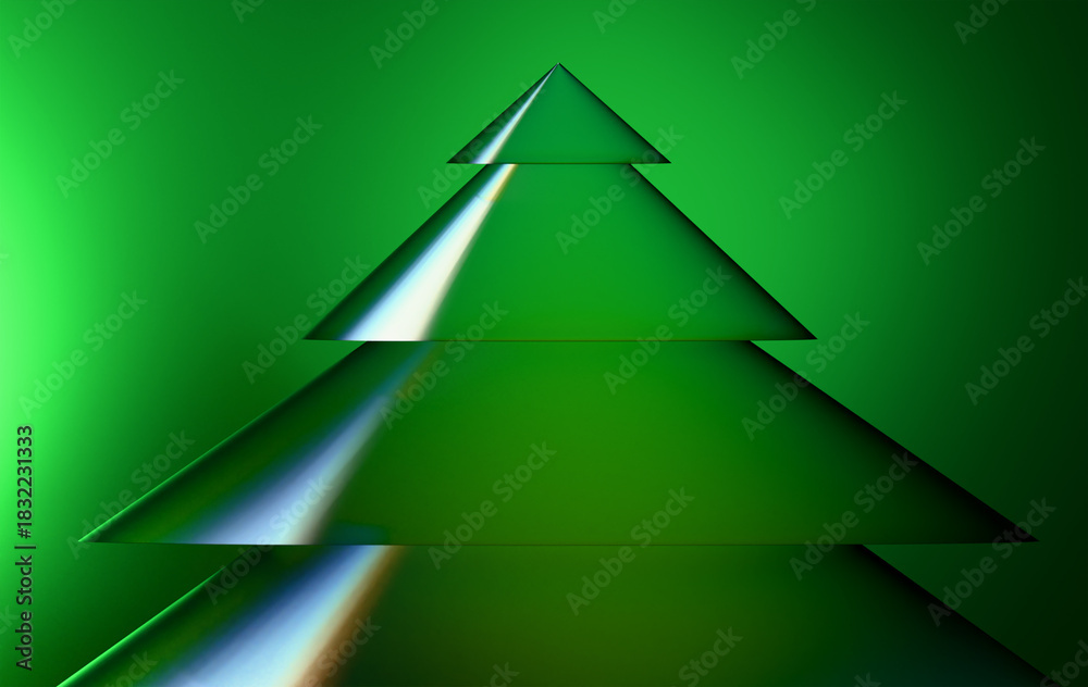Fototapeta premium Modern Geometric Green Cone Structure Resembling a Minimal Christmas Tree on Dark Background