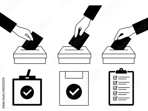 Black and white illustration of voting process with ballot boxes and checklist icon