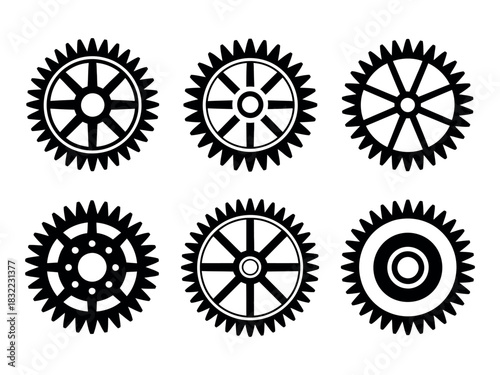 Illustration of six black and white gears with varying spoke and center designs