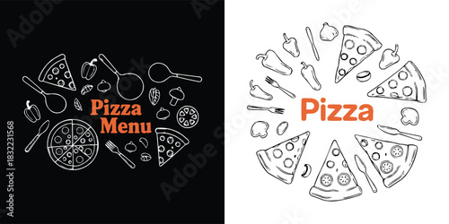 Pizza menu illustration with hand-drawn slices vegetables utensils and circular food layout in black and white graphic style