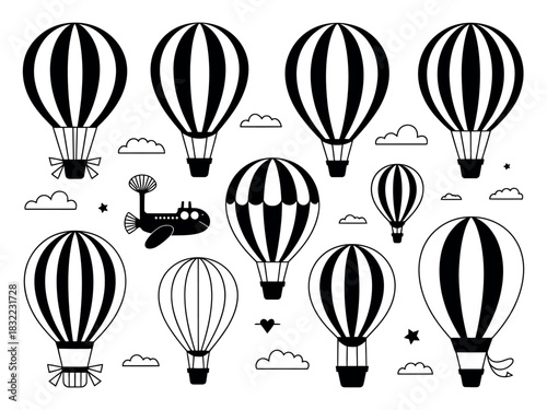 Black and white illustration of hot air balloons and a submarine in the sky