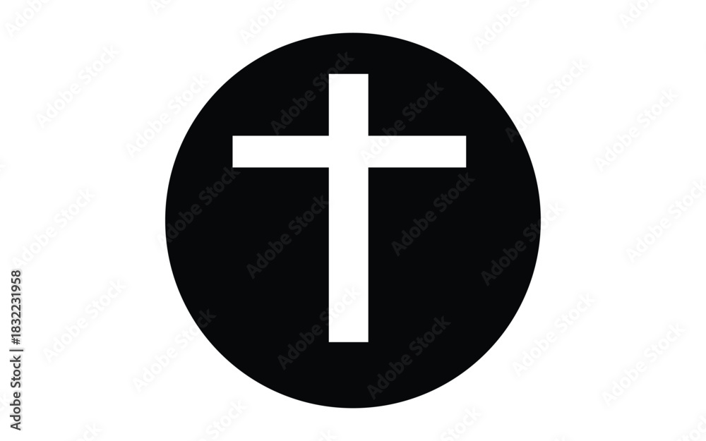 Fototapeta premium White cross in black circle religious christianity symbol against white