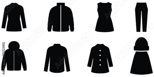 Fashion clothing silhouette set, Apparel outline icon pack, Outerwear and garment figure collection