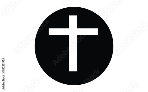 White cross in black circle religious christianity symbol against white