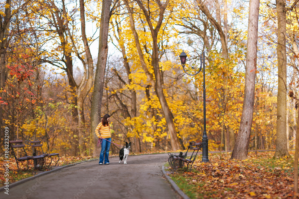 Fototapeta premium Woman walking her cute dog in autumn park