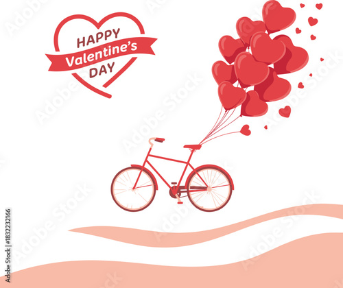 “Valentine’s Day Bicycle with Heart Balloons – Romantic Love Illustration”
