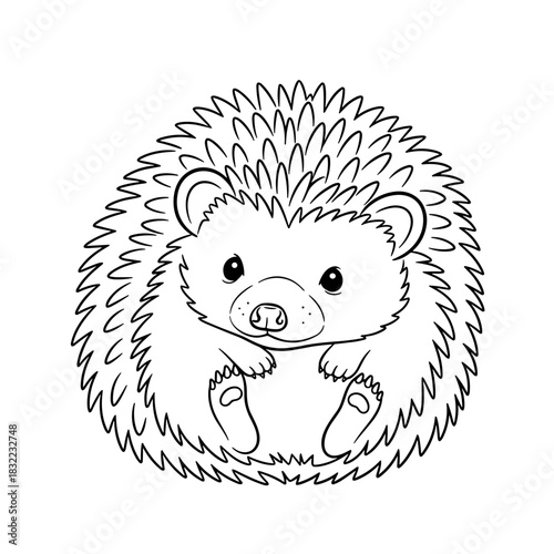 Cute line art illustration of a round hedgehog with a fluffy body sitting contentedly