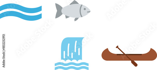 Flat River Stream Icons River Flow Fish Waterfall Canoe