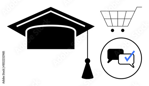 Graduation cap with tassel, empty shopping cart, and chat bubble with blue checkmark. Ideal for education, online courses, e-commerce, certification, digital communication, success minimalism