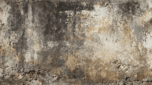 Highly textured, weathered concrete wall with extensive aging, peeling paint, and dark moisture stains. A distressed surface showcasing a rustic, grungy background with varied earthy tones.