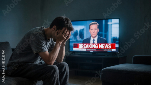 a man under stress watching the news on TV