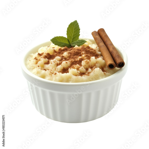 Delicious Rice Pudding Served in a Wooden Bowl With Cinnamon Sticks