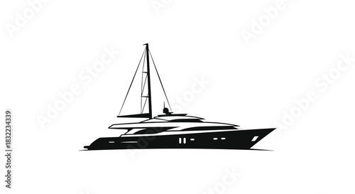 A striking black and white depiction of a sleek sailboat on calm waters silhouette