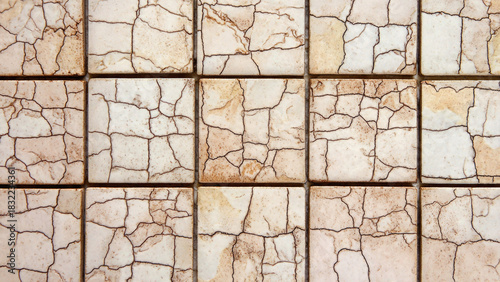 Close-up of cracked ceramic tiles with a rustic, distressed, and aged appearance, featuring intricate dark lines against a light beige background.