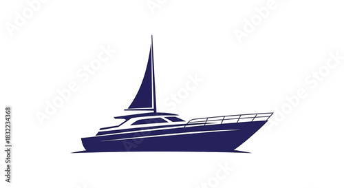 A striking dark blue sailboat design against a white background a bold silhouette