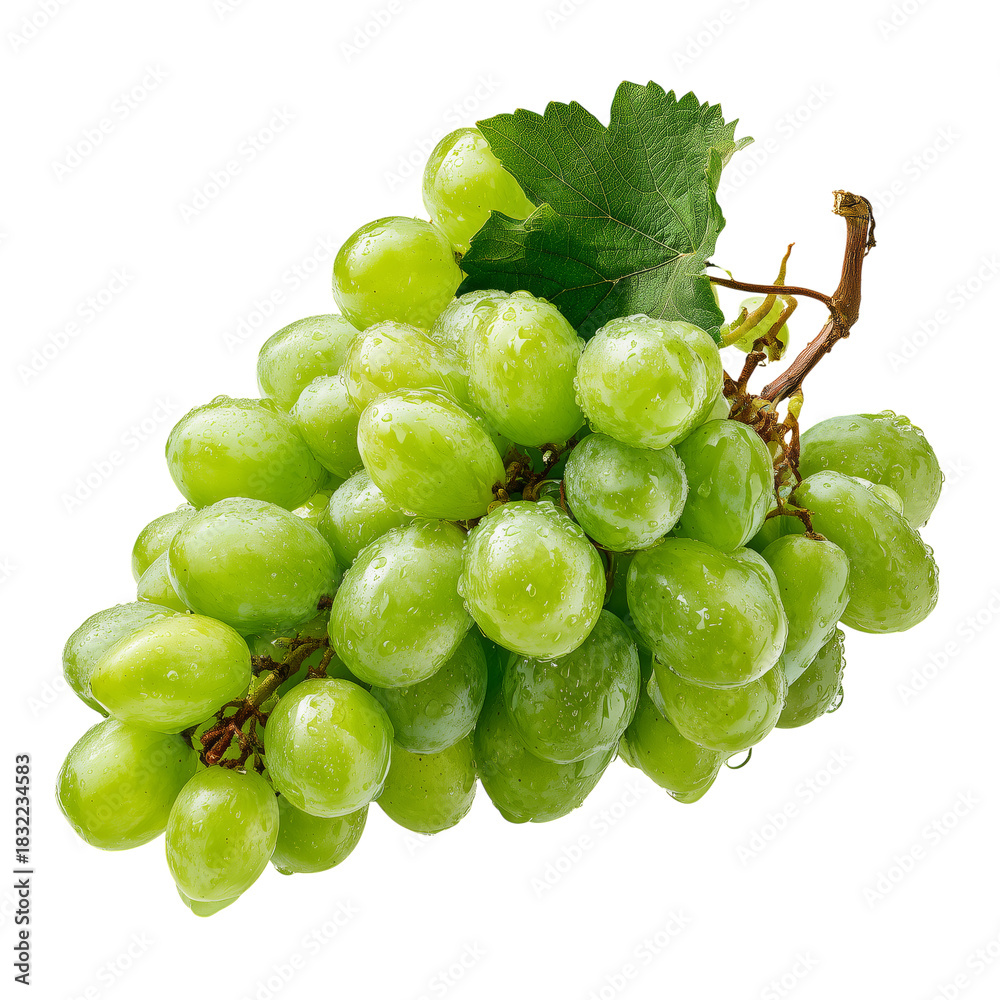 Naklejka premium Fresh Green Grapes With Water Droplets on a Vine Against a White Background