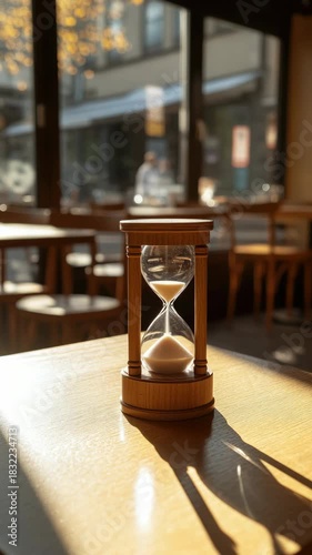 An elegant wooden hourglass with fine-grained sand, a classic timer device for home decor or a specialty gift.