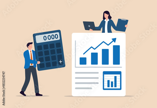 Accounting and finance expert, calculate budget, profit and loss, produce report graph from data, professional concept, business people accountants with calculator, spreadsheet producing reports.
