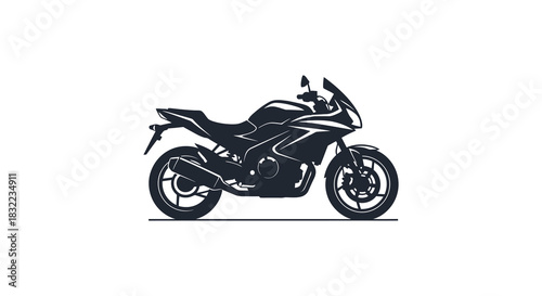 A sleek black sports motorcycle is depicted in a striking minimalist silhouette