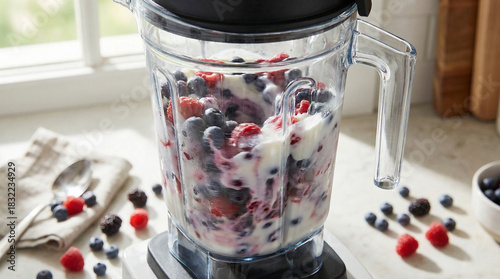 Making a Healthy Berry Smoothie with Yogurt in a Blender