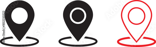 Location pin icons in black and red for maps and direction finding applications