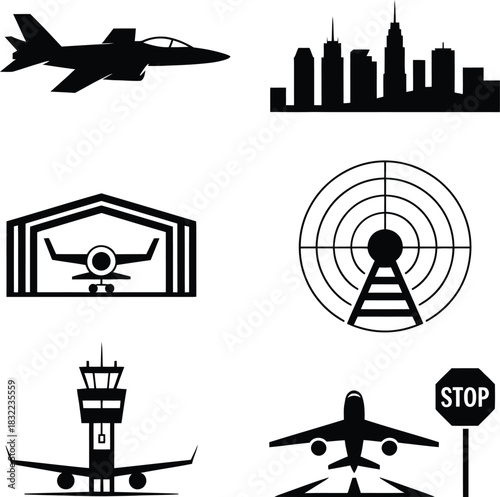 Aviation and urban city icons: jet, airport, hangar, radar, stop